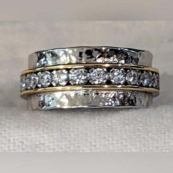 PRICE DROP 14k Gold & Sterling Band with Circle of White Cubic Zirconia - Picture 1 of 7